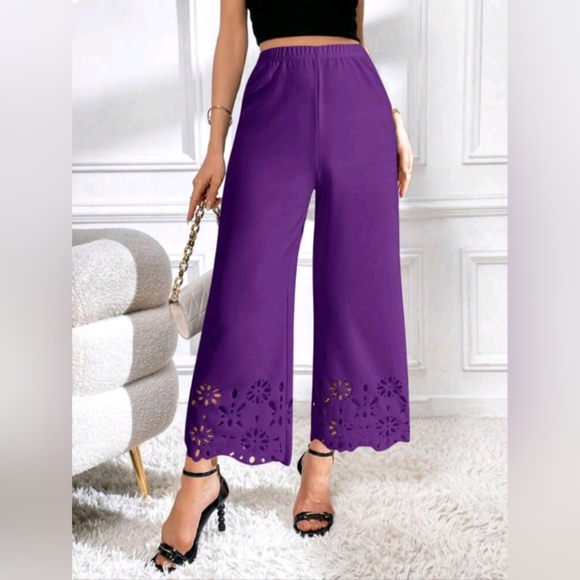 Women Elastic Waist Hollow Design Wide Leg Loose Pants - Picture 3 of 5